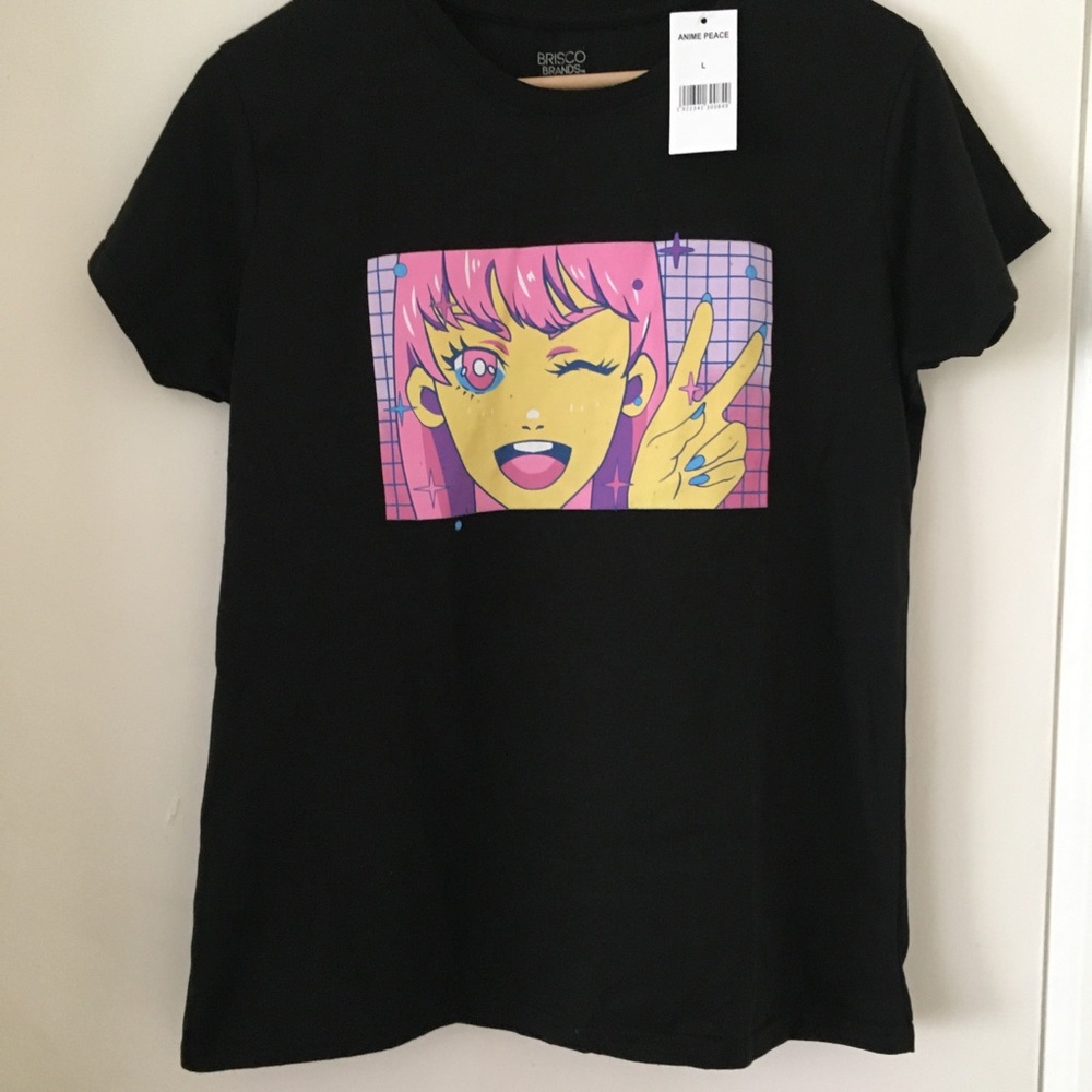 Anime Girl Peace Sign Black T-Shirt